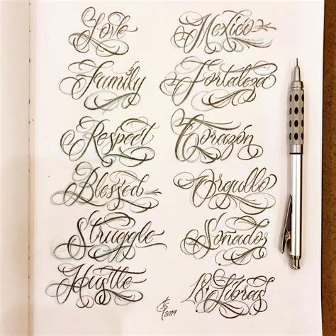 Design inspiration ideas combining cursive tattoo fonts with various artistic elements and placements.