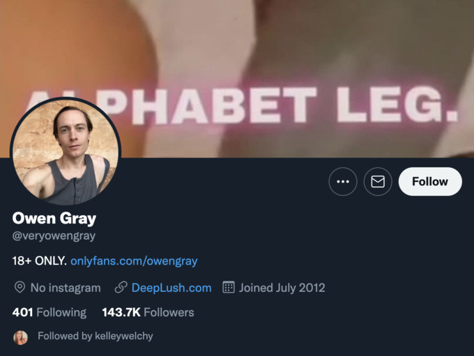 Owen Gray's Twitter banner featuring his alphabet leg tattoo, indicating the meme's influence on his online presence.