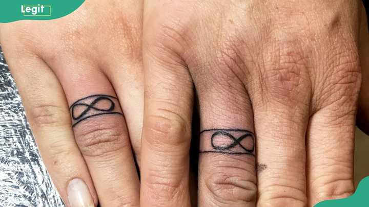 Infinity wedding ring tattoo symbolizing endless love and commitment between partners.