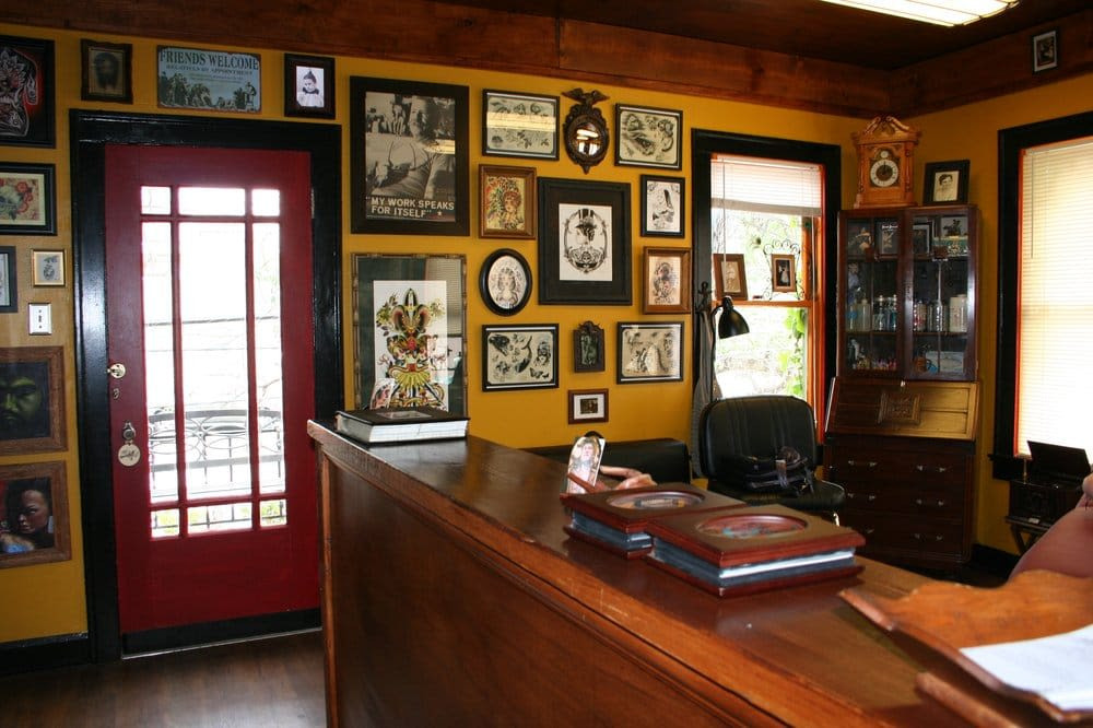 Dovetail Tattoo shop interior in Austin TX, showcasing a relaxed and inviting atmosphere.