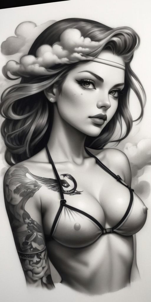 Illustration of a woman with cloud headband and tattoos, in a bikini, monochrome artwork, fantasy theme.