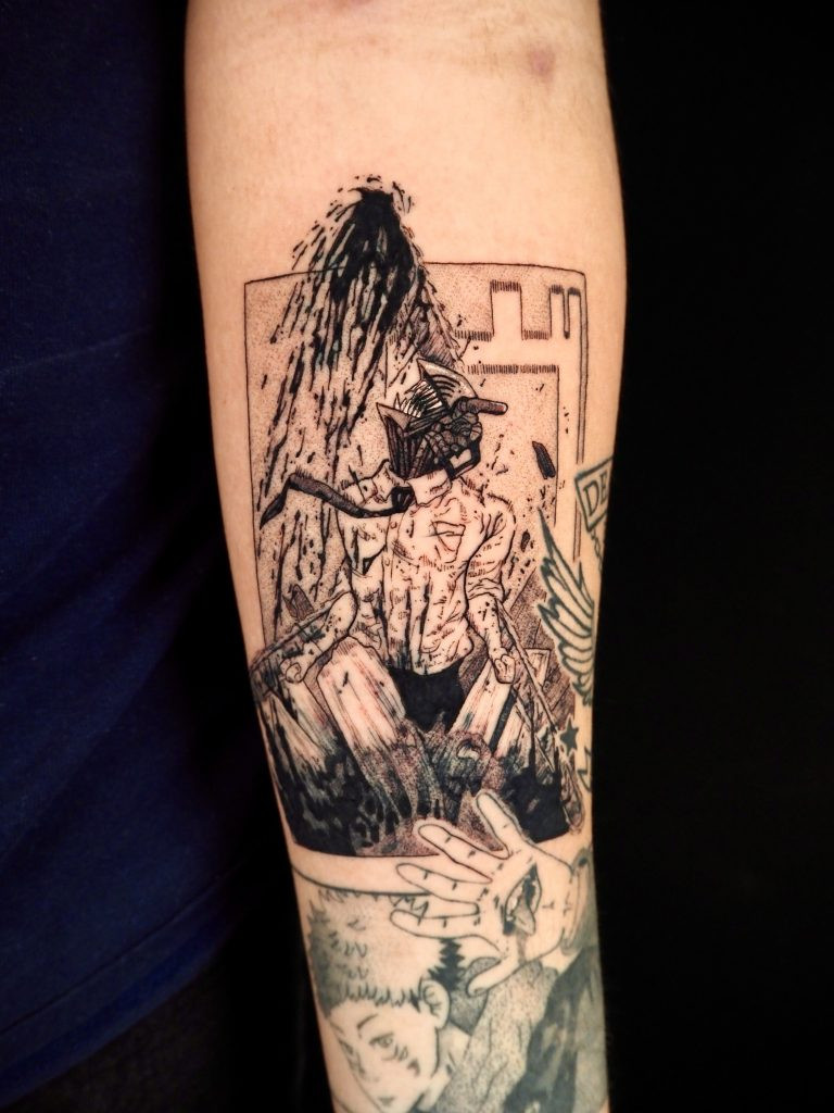 Chainsaw Man's Denji character tattoo in blackwork style by Mimi-Sama