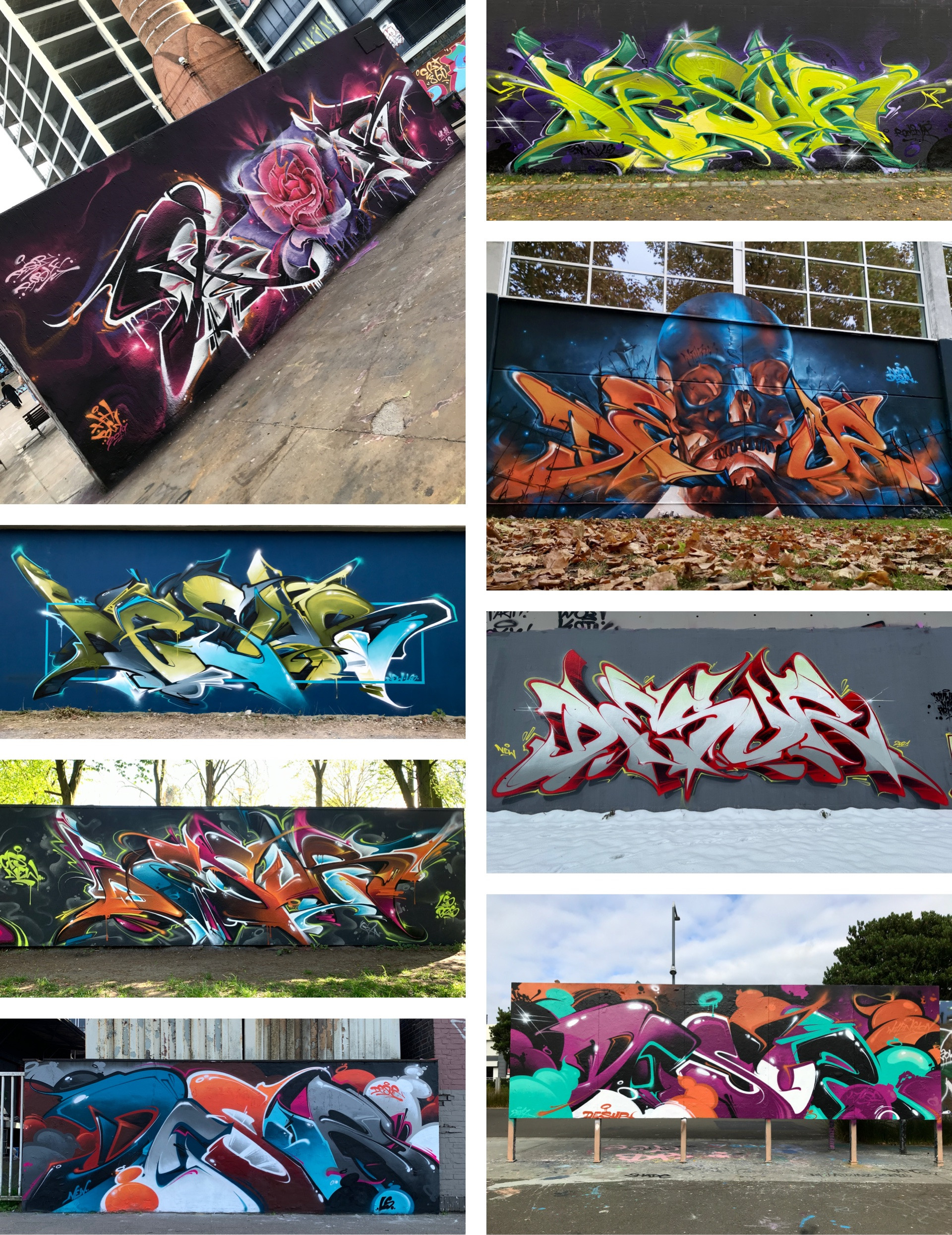 A detailed mosaic showcasing Desur's graffiti art, emphasizing his unique lettering style and the evolution of his semi-wildstyle technique.