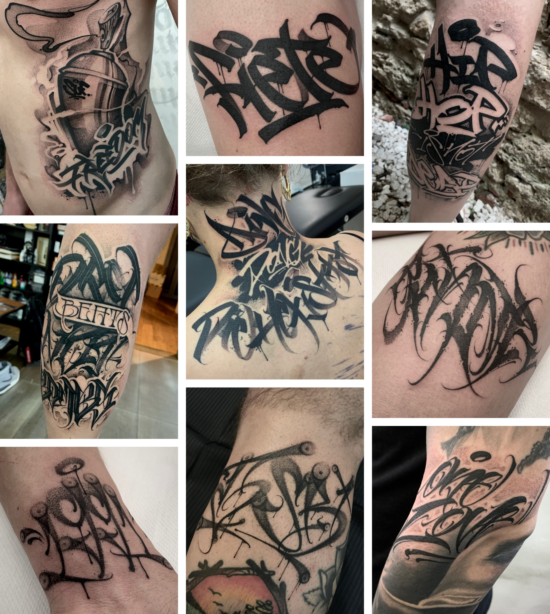 A collection of Desur's graffiti tattoos showcasing various lettering styles and intricate designs on skin.