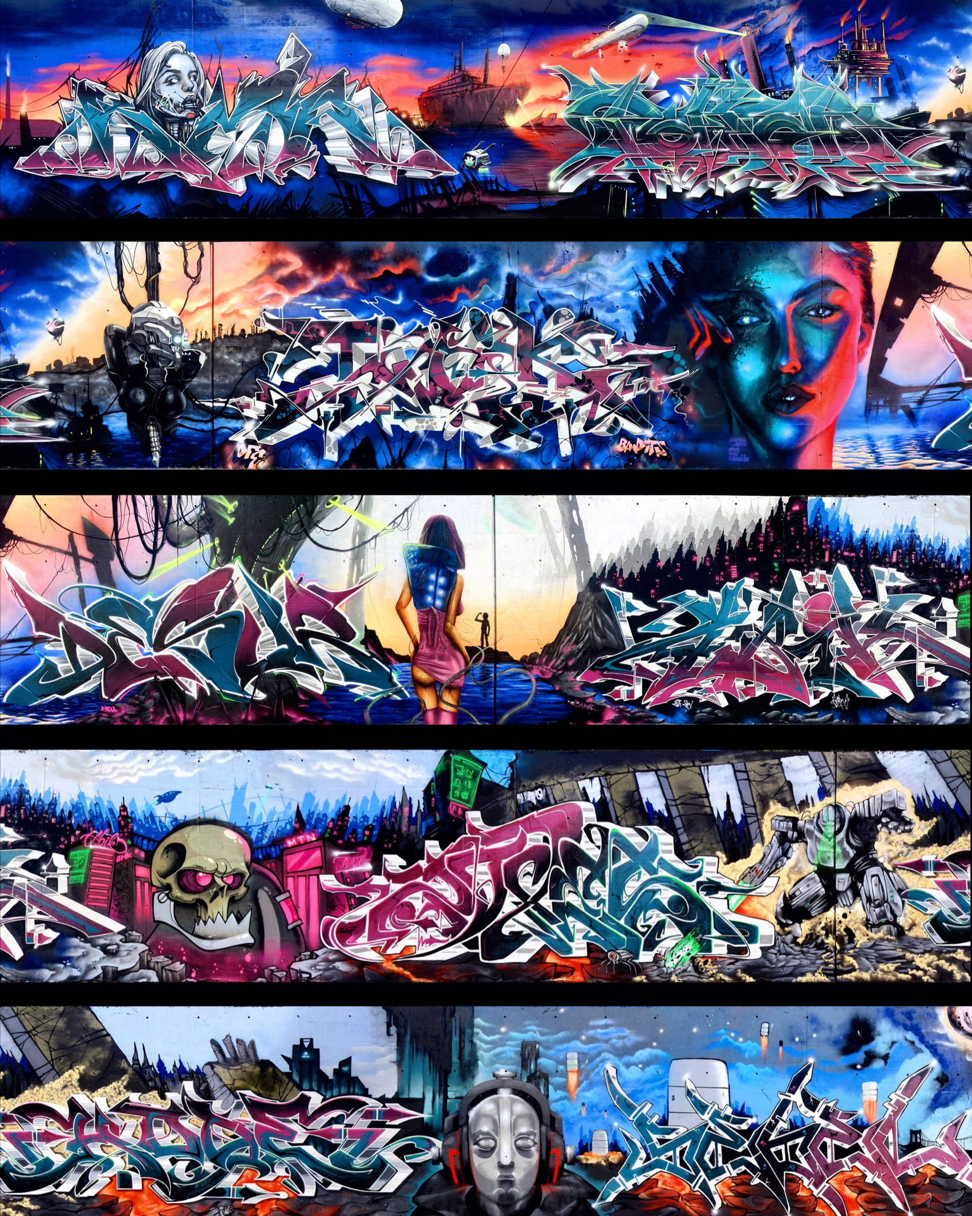 A vibrant graffiti wall collaboration featuring various artists and styles, including Desur, in Hamburg Heimfeld.