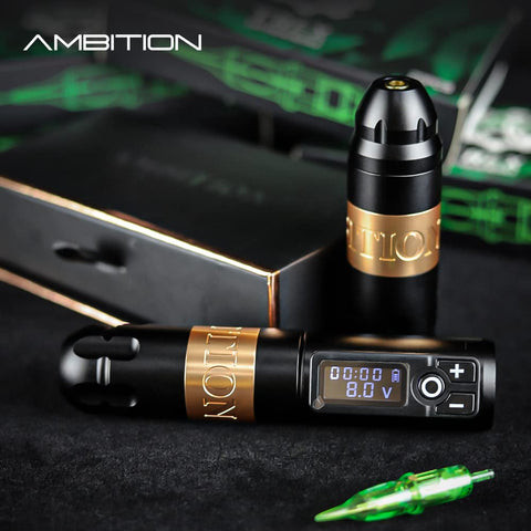 Ambition Soldier Rotary Tattoo Machine showcasing its sleek design and digital LED display