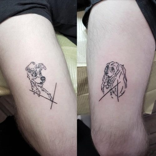 Two disney tattoos on men, one on the forearm with a Disney character portrait and another on the arm with a minimalist Disney symbol.