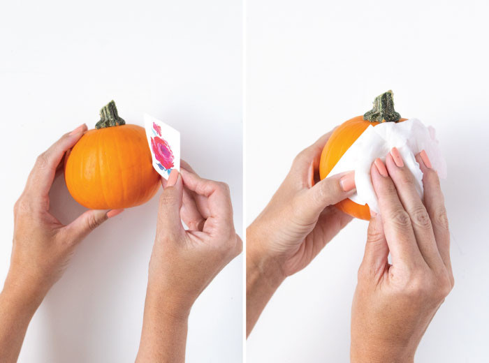 Close-up of cutting out a temporary tattoo design in preparation for applying it to a pumpkin.