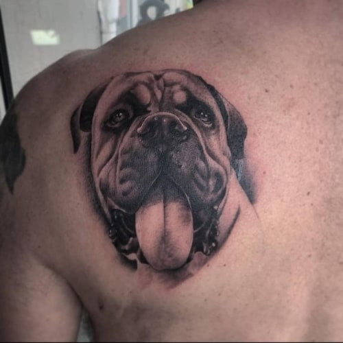 A dog portrait tattoo on a man's arm, honoring a beloved pet