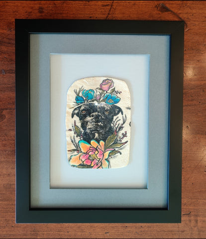 Example of a dog portrait tattoo preserved by Save My Ink Forever, resembling parchment.