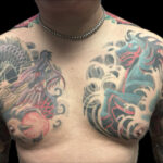 Bold chest tattoo showcasing Asian-inspired art, clearly visible from a distance, demonstrating excellent tattoo readability for body art.