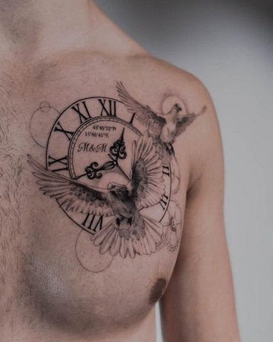 Man with a dove chest tattoo featuring a peaceful dove with wings spread