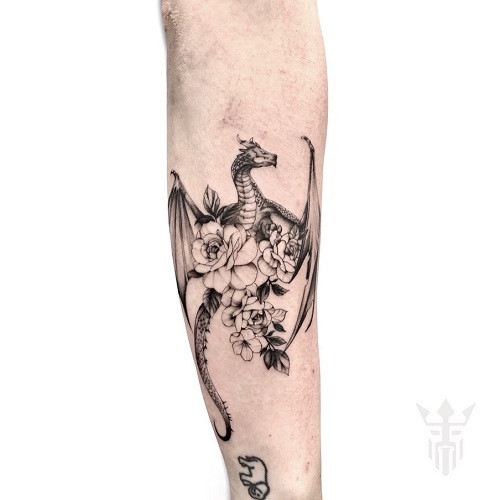 Dragon entwined with rose flower tattoo