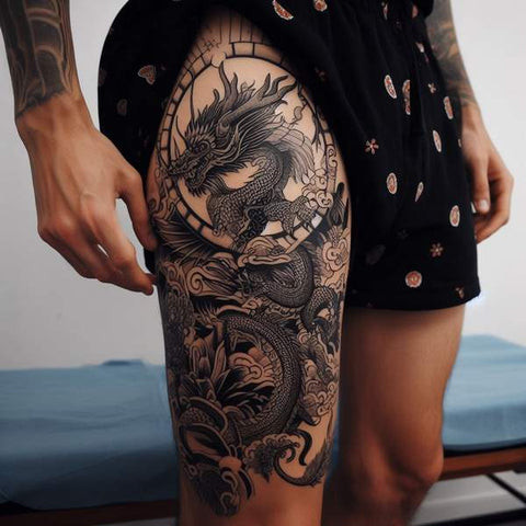 Majestic red and black dragon thigh tattoo for men.