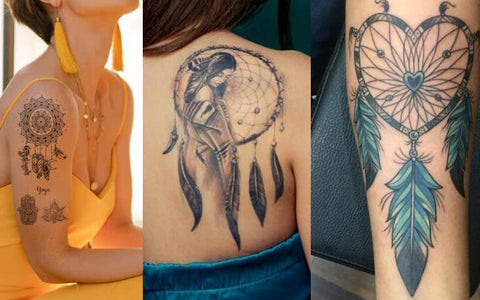 A detailed dream catcher tattoo on a woman's thigh, featuring feathers and intricate web design.