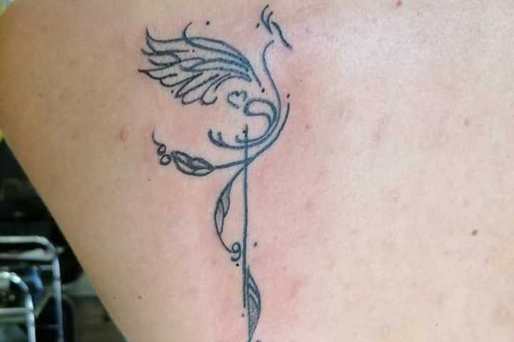 A minimalist outline phoenix tattoo on a woman's back, using simple black lines to define the iconic bird and symbolize rebirth, resilience, and understated feminine strength through body art.