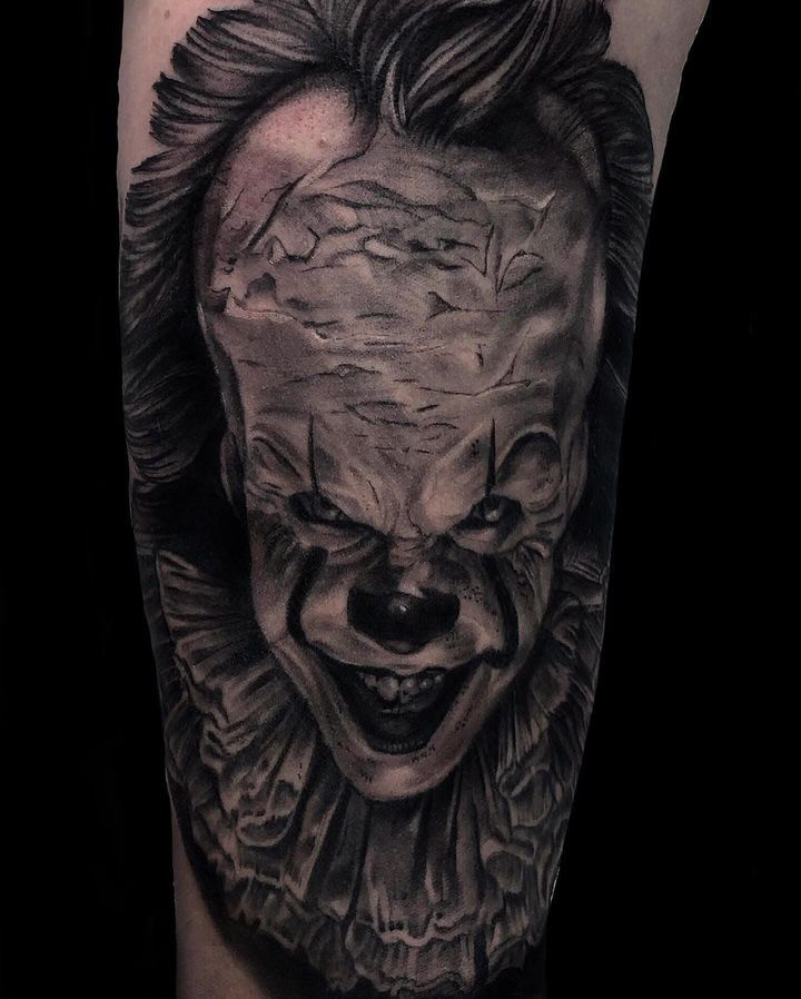 Black and grey Jason Voorhees horror movie tattoo by George Roberts.