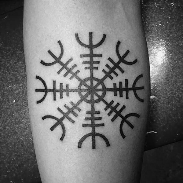 Helm of Awe tattoo, black ink, intricate linework, powerful protection symbol