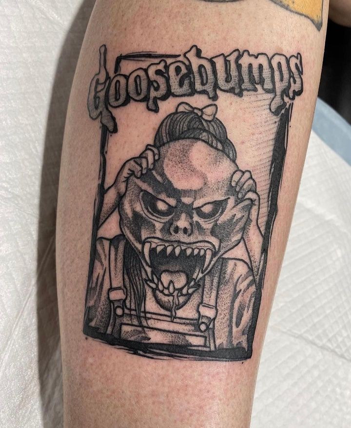 Detailed Goosebumps monster tattoo on arm, collected by Jaimee.