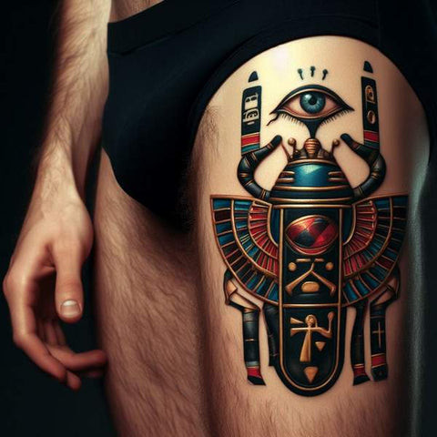 Detailed Egyptian pharaoh and hieroglyphs thigh tattoo for men.