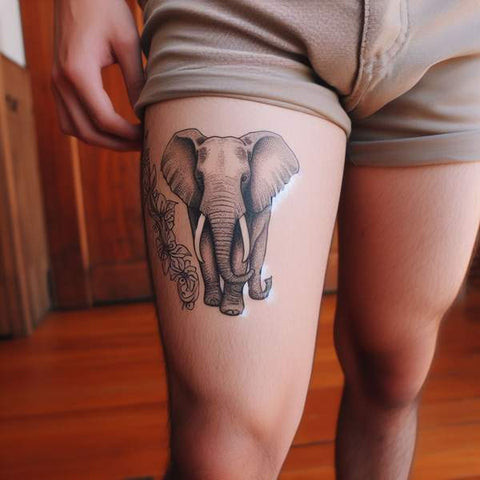 Detailed black and grey elephant head thigh tattoo for men.