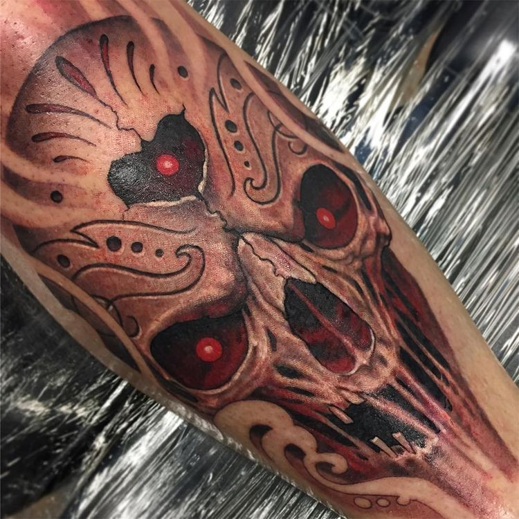 badass skull tattoo with flames