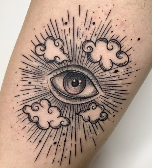 Realistic eye tattoo on the arm, representing perception in men tattoo ideas.