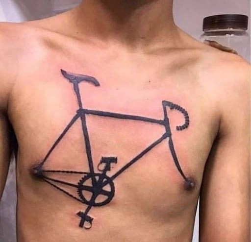 Detailed bike tattoo showcasing a vintage bicycle design, challenging viewers to find the technical error.