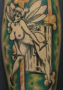 Close-up of Lana Massey's vintage Tinkerbell tattoo on her leg, sparking debate about tattoo appropriateness at family venues.