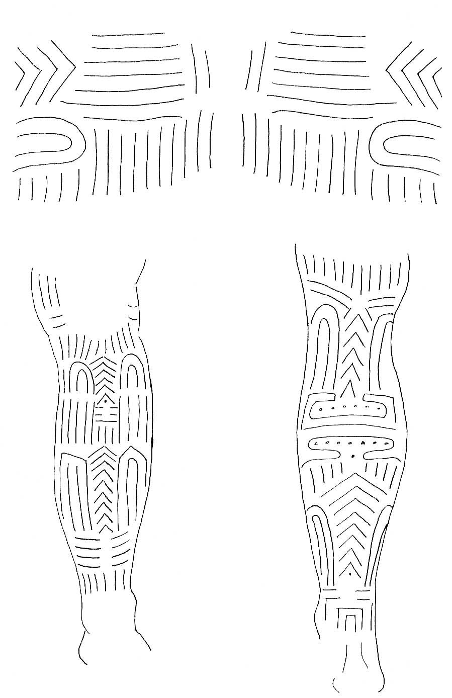 Bhumia leg and thigh tattoos, detailed linear designs