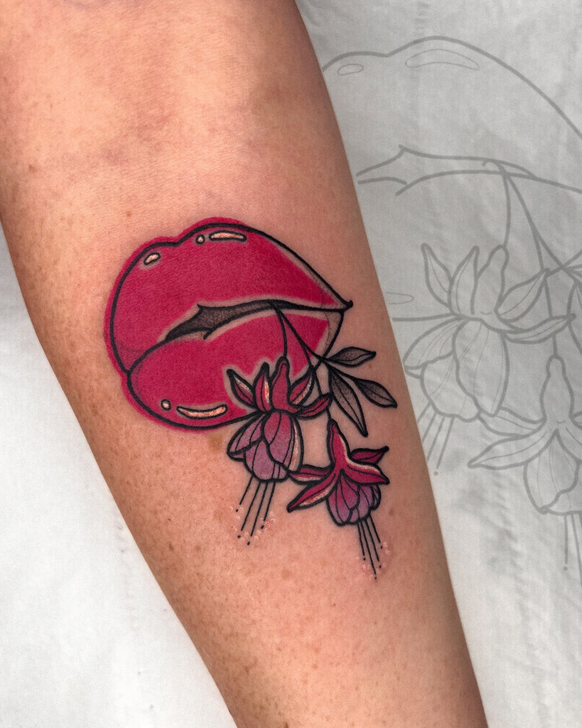 A tattoo created from non-repeatable flash by Lauren Hepple, emphasizing the unique and artistic nature of flash designs.