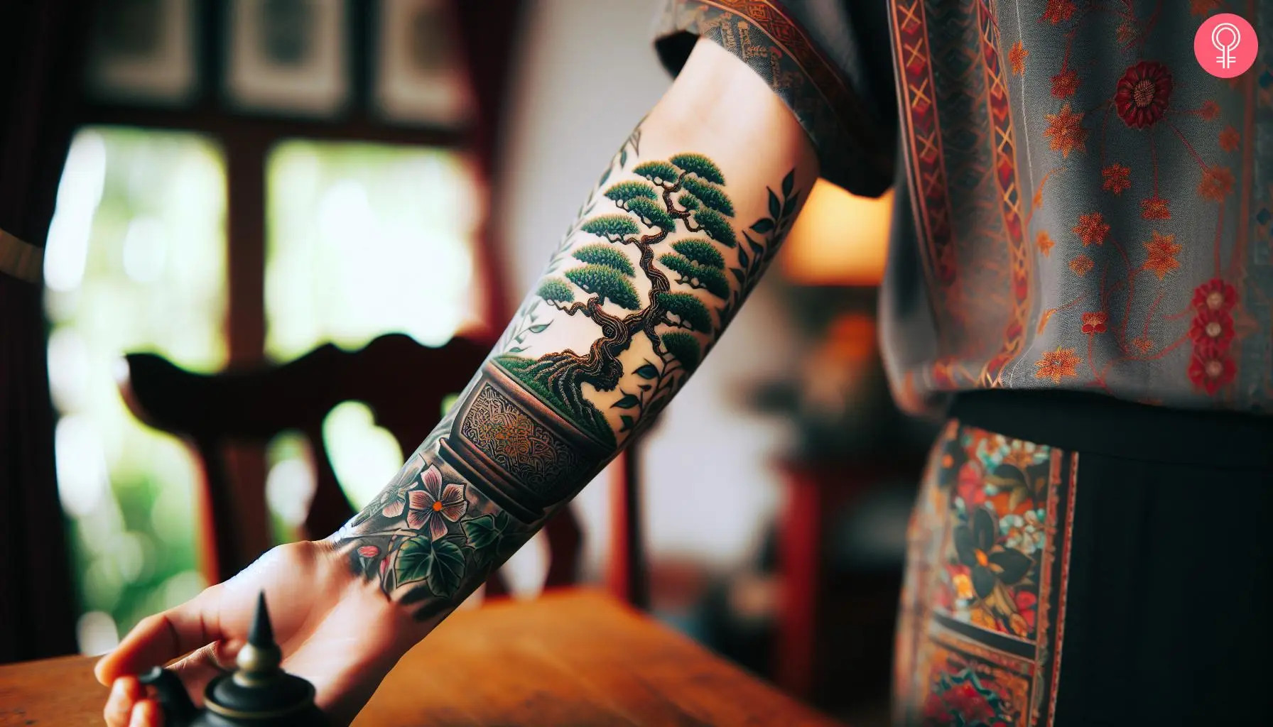 A woman's forearm is decorated with a vibrant, colored bonsai tree tattoo, symbolizing beauty in simplicity and a connection to nature.