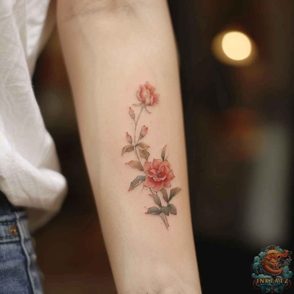 Watercolor style forearm tattoo with soft colors.