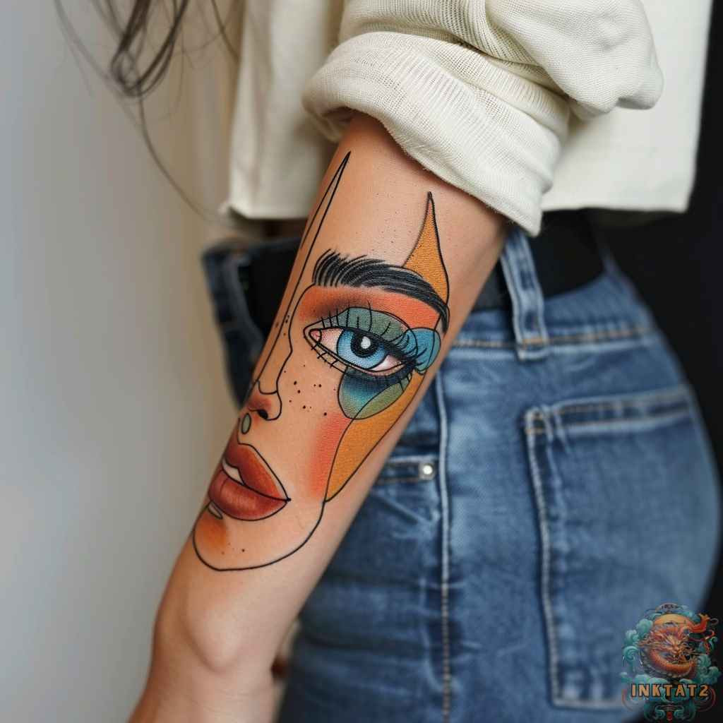 Forearm tattoo featuring a powerful female figure.