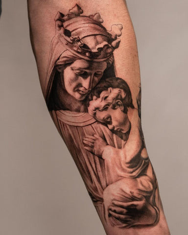 Realistic forearm tattoo depicting Jesus Christ, symbolizing faith, devotion, and personal beliefs in a prominent design.