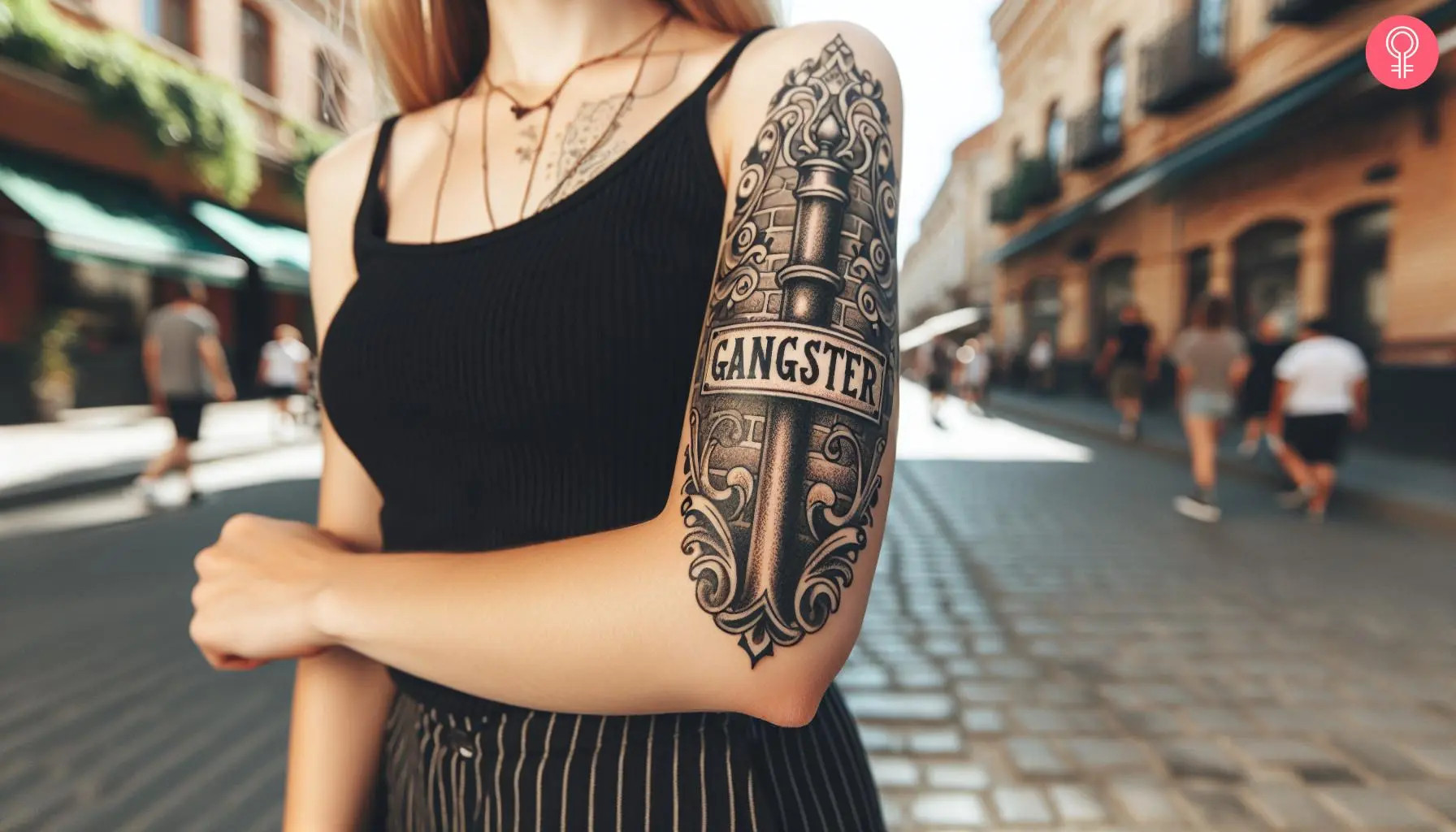 Gangster street sign tattoo on a woman’s arm