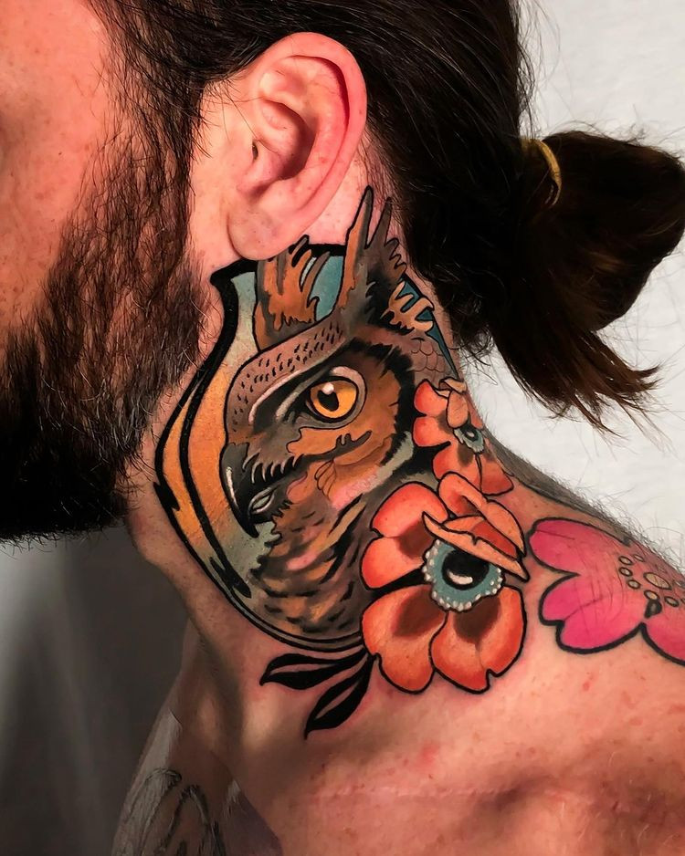 badass owl tattoo with piercing eyes