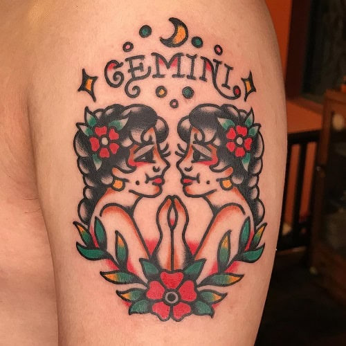 Gemini Symbol with Flowers Tattoo for Men