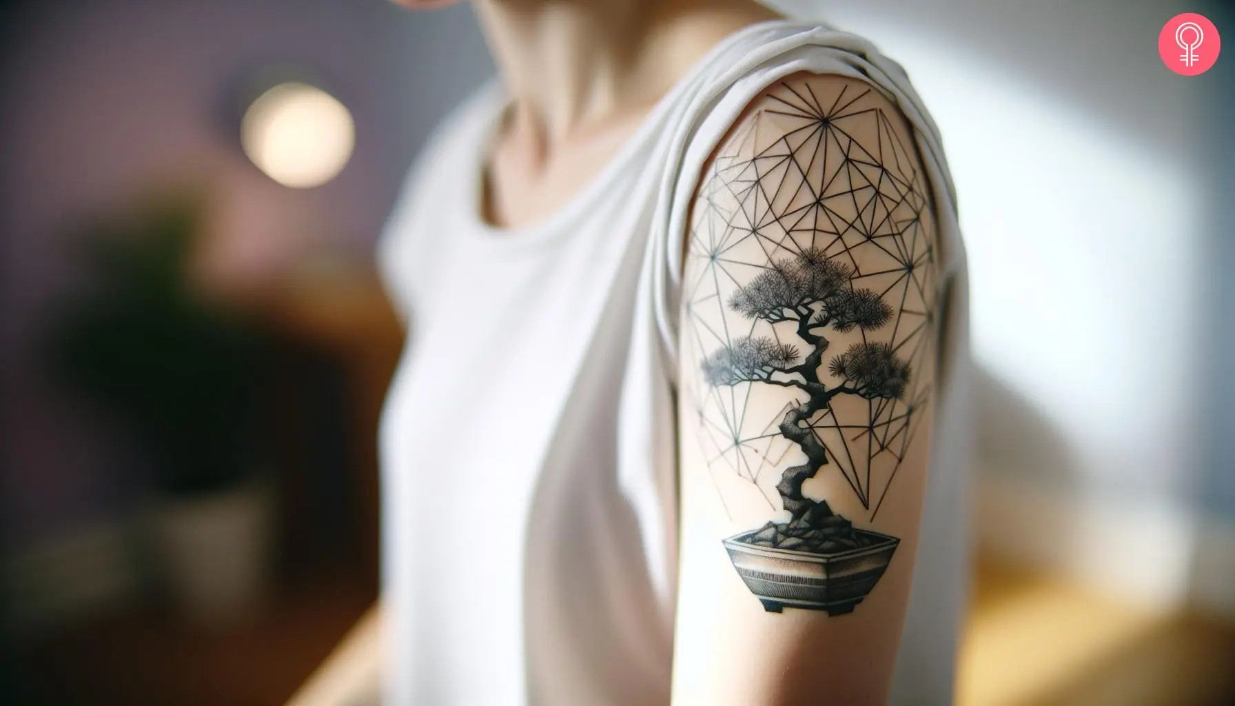 A woman's upper arm is tattooed with a geometric bonsai tree design in sleek black ink, blending nature with modern artistic flair.