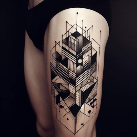 Intricate geometric pattern thigh tattoo for men.