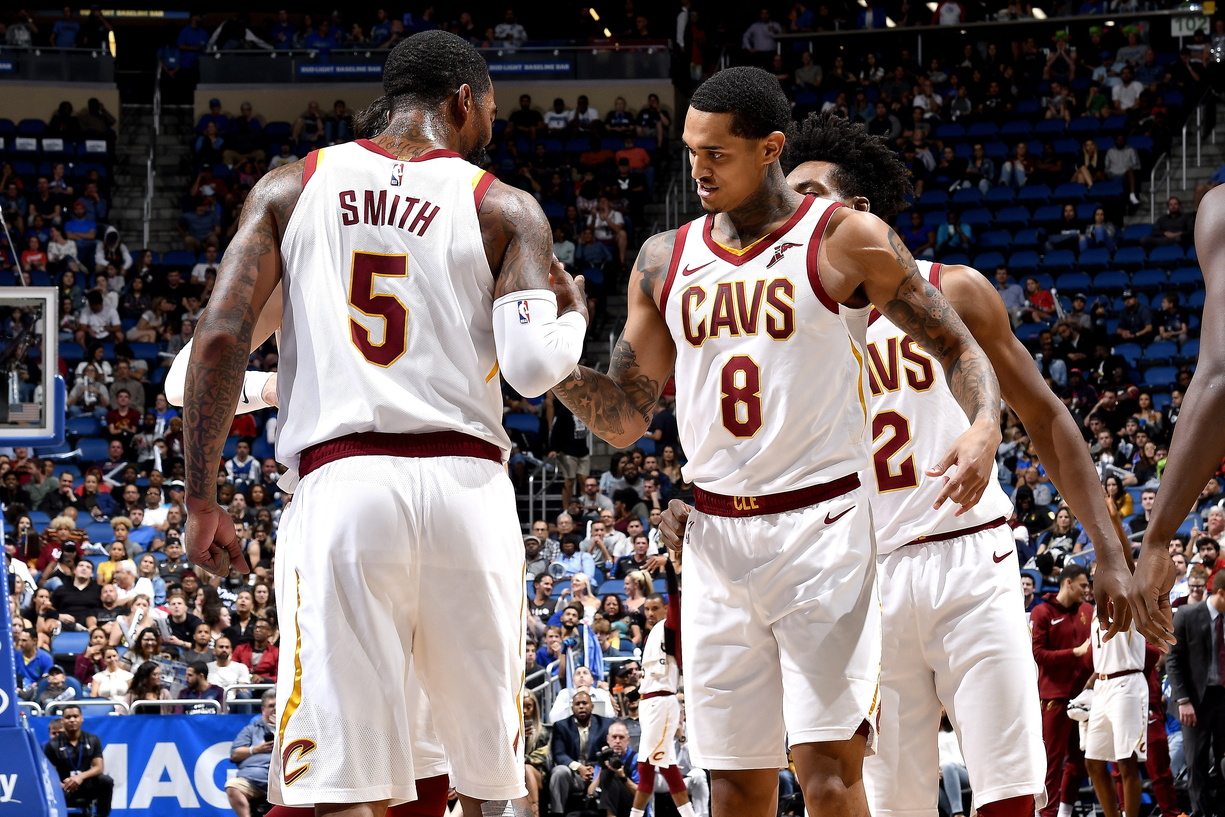 Jordan Clarkson on the court, showcasing some of his arm tattoos during a game