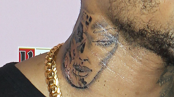 Close-up of Chris Brown's controversial neck tattoo