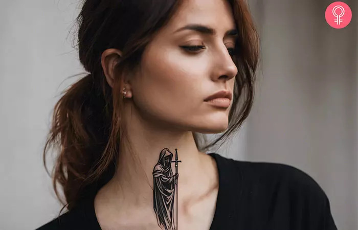 Grim Reaper neck tattoo on a woman, featuring a tall, ominous reaper with a hidden face, sword instead of a scythe, hooded cloak, symbolizing seriousness, facing fate head-on, and the inevitable nature of death.