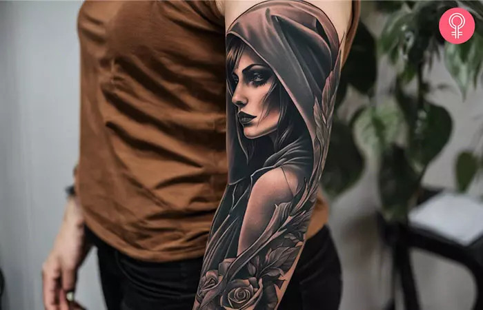 Grim Reaper sleeve tattoo, a neo-traditional style featuring a female reaper with skin and eyes, red roses, cloak of darkness, and intricate elements, representing contrasting themes of creation and decay, mortality, and the transient nature of existence.