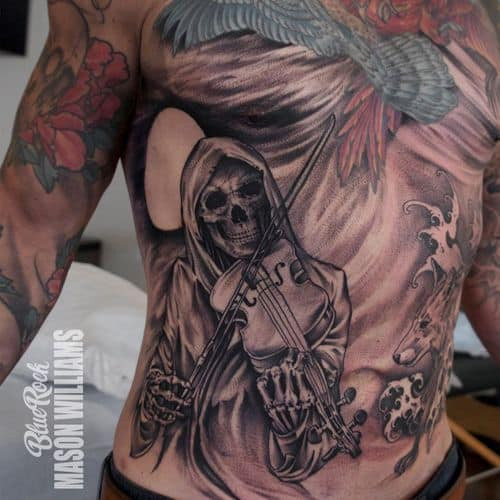 Detailed grim reaper tattoo with hourglass on a man's back