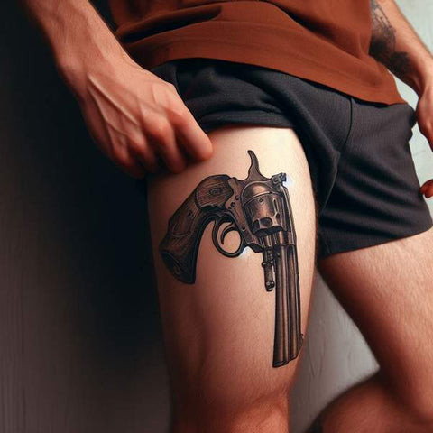 Realistic black and grey handgun thigh tattoo for men.