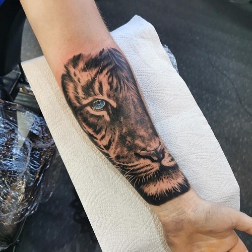 Intriguing half tiger face tattoo on forearm