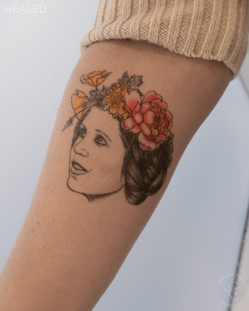 Healed Leia tattoo by Natasha Tsozik