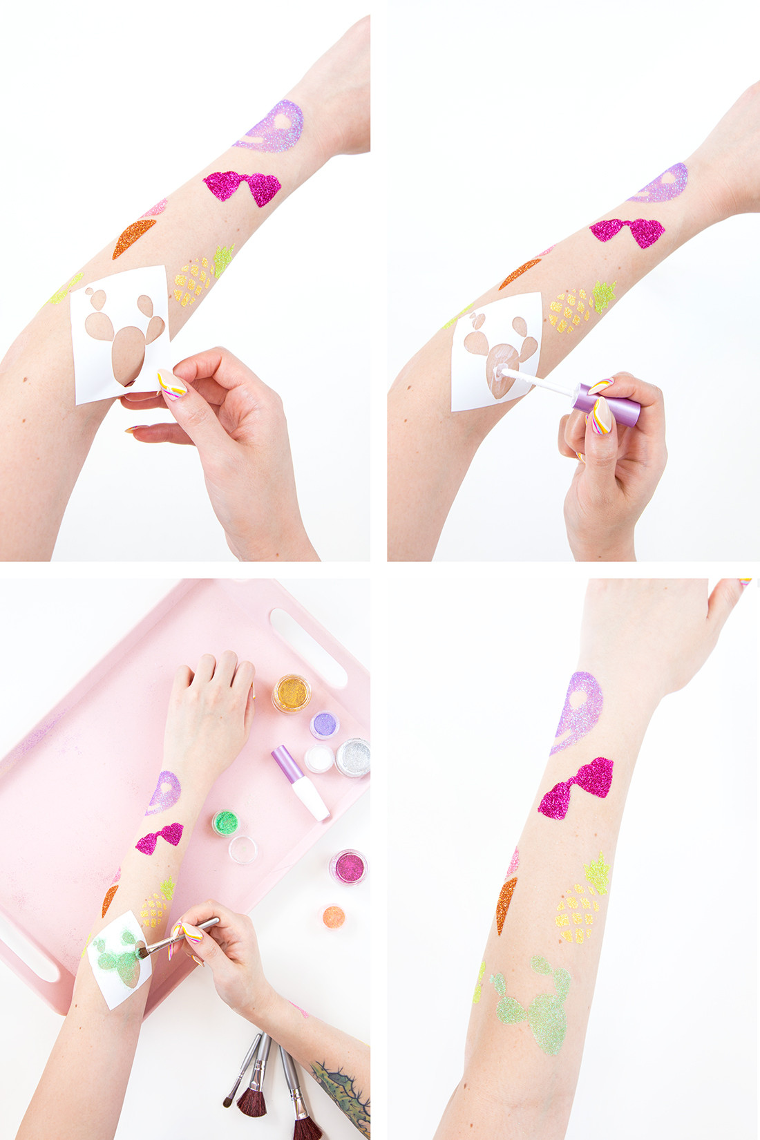 Step-by-step guide for creating glitter tattoos at home.