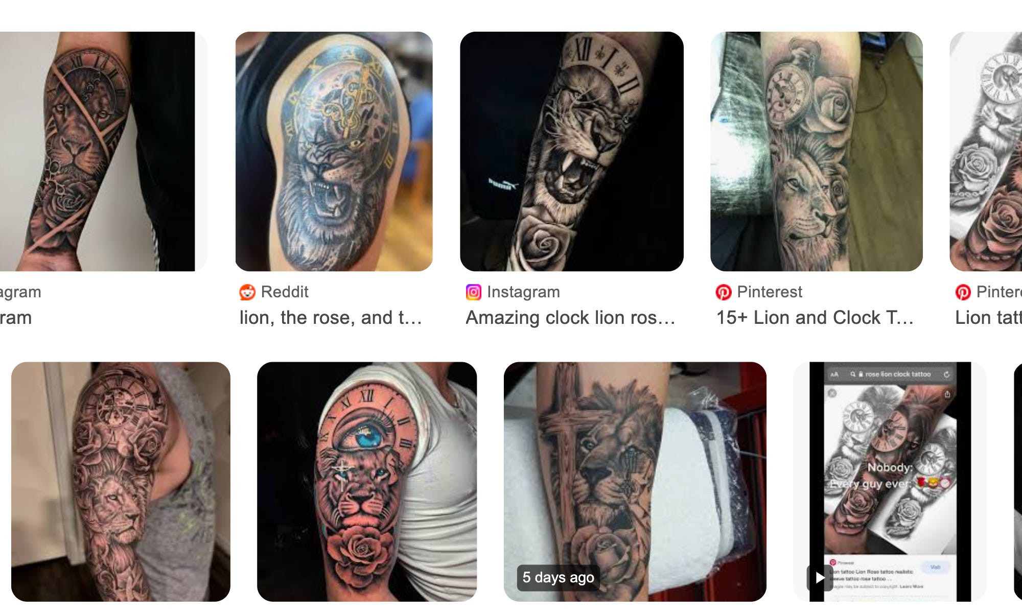 A lion, rose, and clock tattoo, a popular design often seen as unoriginal